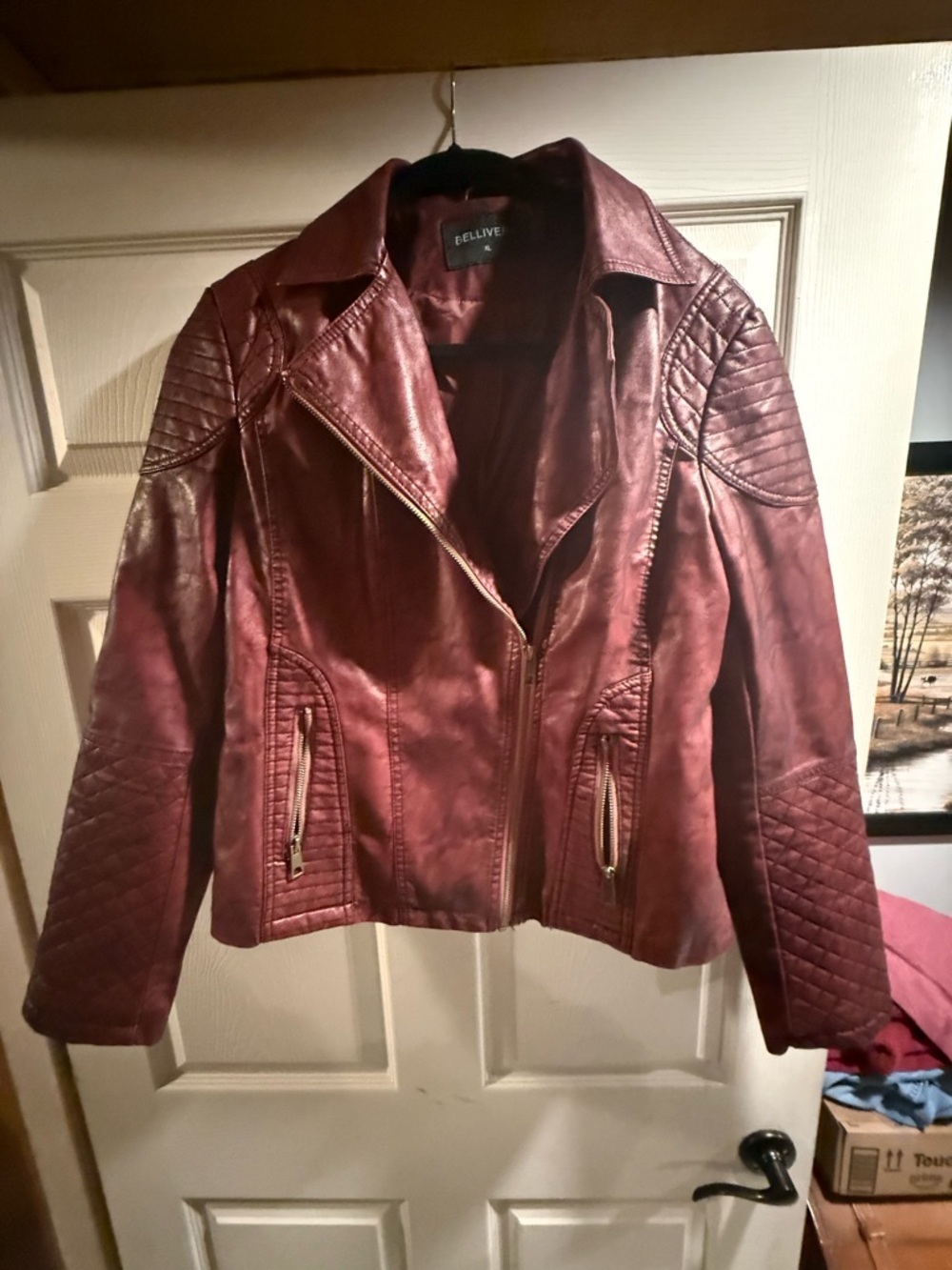 Bellivenue Wine-Red Quilted Pleather  Moto Jacket